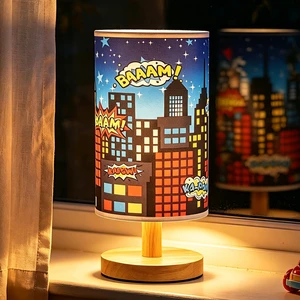 City Table Lamp for Kids Bedroom, 3-Way Dimmable Bedside Lamp with Wooden Base and Fabric Shade, Comic Book Night Light for Boys Room Decor, Cartoon Skyline Lamp for Nursery Playroom City Table Lamp for Kids Bedroom, 3-Way Dimmable Bedside Lamp with Wooden Base and Fabric Shade, Comic Book Night Light for Boys Room Decor, Cartoon Skyline Lamp for Nursery Playroom