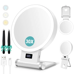 Magnifying Mirror with Light 30X, 2000mAh 1X/ 30X Magnifying Makeup Mirror with Standable Base & Tweezers, 3 Color Modes with Adjustable Brightness& Smart Display, Foldable for Travel Magnifying Mirror with Light 30X, 2000mAh 1X/ 30X Magnifying Makeup Mirror with Standable Base & Tweezers, 3 Color Modes with Adjustable Brightness& Smart Display, Foldable for Travel