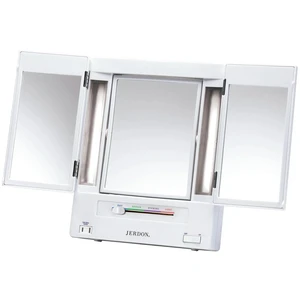 Lighted Makeup Mirror with 5X Magnification - White - JGL9W | Tri-Fold Two-Sided Design, Multiple Light Settings Lighted Makeup Mirror with 5X Magnification - White - JGL9W | Tri-Fold Two-Sided Design, Multiple Light Settings