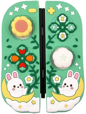 Silicone Ergonomic Protective Case for Nintendo Switch/Switch OLED Controllers with 2 Silicone Thumb Grips, Cute Bunny & Flower Design, Green Silicone Ergonomic Protective Case for Nintendo Switch/Switch OLED Controllers with 2 Silicone Thumb Grips, Cute Bunny & Flower Design, Green