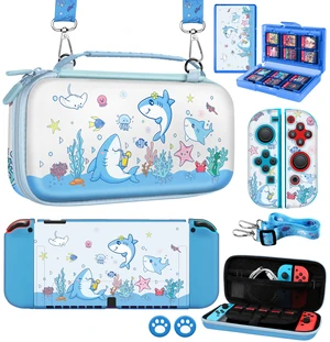 8in1 Kits Accessories Bundle for Nintendo Switch OLED 2021 - Cute Carrying Case, Protective Cover, Joy Con Grips, Thumb Grips, 24 Game Holder, Shoulder Strap Teens Boys Girls, Blue Shark 8in1 Kits Accessories Bundle for Nintendo Switch OLED 2021 - Cute Carrying Case, Protective Cover, Joy Con Grips, Thumb Grips, 24 Game Holder, Shoulder Strap Teens Boys Girls, Blue Shark