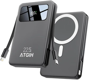 ATGIH 10000mAh Magnetic Wireless Power Bank, 5-in-1 Portable Charger with 2 Built-in Cables, 22.5W PD Fast Charging Magnetic Battery Pack for iPhone 17/16/15/14/13/12 and All SeriesGray ATGIH 10000mAh Magnetic Wireless Power Bank, 5-in-1 Portable Charger with 2 Built-in Cables, 22.5W PD Fast Charging Magnetic Battery Pack for iPhone 17/16/15/14/13/12 and All SeriesGray