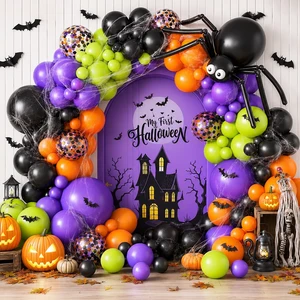 131 Pcs Halloween Balloon Arch Garland Kit with Big Spider DIY Balloons | Black Orange Lime Green Purple Confetti Latex Balloons Arch with 3D Bats Spider Web for Halloween Party Decorations Supplies 131 Pcs Halloween Balloon Arch Garland Kit with Big Spider DIY Balloons | Black Orange Lime Green Purple Confetti Latex Balloons Arch with 3D Bats Spider Web for Halloween Party Decorations Supplies