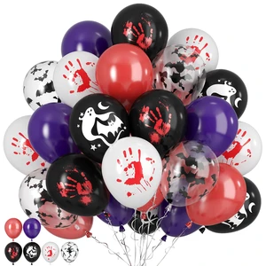 Halloween Balloons, 50pcs Black Purple Red Balloons, Black White Bloody Handprint Balloon Bat Printed Balloon For Scary Halloween Masquerade Spooky Vampire Haunted Themed Birthday Party Decor Halloween Balloons, 50pcs Black Purple Red Balloons, Black White Bloody Handprint Balloon Bat Printed Balloon For Scary Halloween Masquerade Spooky Vampire Haunted Themed Birthday Party Decor