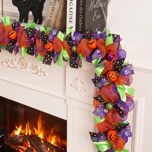 Halloween Garland for Mantle with Pumpkin Mesh Ribbons 6Ft | Handmade Fabrics Halloween Decor for Home Office Staircase Fireplace Porch Halloween Garland for Mantle with Pumpkin Mesh Ribbons 6Ft | Handmade Fabrics Halloween Decor for Home Office Staircase Fireplace Porch