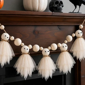 6.5Ft Halloween Ghost Garland with Wooden Beads, Handmade Cute Ghost Decor | Vintage Farmhouse Halloween Banner Decorations Indoor for Wall, Mantle, Fireplace 6.5Ft Halloween Ghost Garland with Wooden Beads, Handmade Cute Ghost Decor | Vintage Farmhouse Halloween Banner Decorations Indoor for Wall, Mantle, Fireplace
