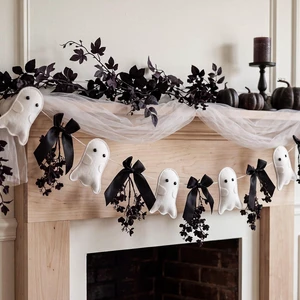 Halloween Felt Ghost Garland Cute Ghost Theme Banner | with Black Bows and Dried Flowers, Black Spooky Ghost Banner, for Houses Doorways Indoor Outdoor, Home Mantel Decorations Halloween Felt Ghost Garland Cute Ghost Theme Banner | with Black Bows and Dried Flowers, Black Spooky Ghost Banner, for Houses Doorways Indoor Outdoor, Home Mantel Decorations
