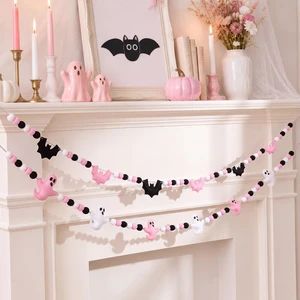 2 Pcs 8.2ft Pink Halloween Felt Garland, 3D Ghost Bat Ball Decor | Pastel Halloween Pre Strung Hanging Banner Decorations,for Mantel Fireplace Wall Indoor Home Party Decor 2 Pcs 8.2ft Pink Halloween Felt Garland, 3D Ghost Bat Ball Decor | Pastel Halloween Pre Strung Hanging Banner Decorations,for Mantel Fireplace Wall Indoor Home Party Decor