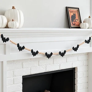 Halloween Black Felt Bats Wood Beads Garland for Halloween Decorations | Wood Felt Bat Garland for Mantel Fireplace Wall Window Home Halloween Party Decor Halloween Black Felt Bats Wood Beads Garland for Halloween Decorations | Wood Felt Bat Garland for Mantel Fireplace Wall Window Home Halloween Party Decor