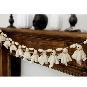 Ghost Halloween Garland: 1pc White Ghost Halloween Party Banner with Wood Beads, Cute Ghosts Halloween Garland Halloween Banner Decorations for Home Wall Mantel Doorways Front Decor Ghost Halloween Garland: 1pc White Ghost Halloween Party Banner with Wood Beads, Cute Ghosts Halloween Garland Halloween Banner Decorations for Home Wall Mantel Doorways Front Decor