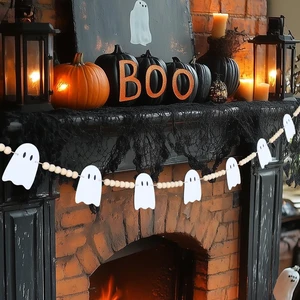 Halloween Garland Mantel Decorations, Hanging Felt Ghost Garlands | Adjustable Pre-Strung Cute Aesthetic Ghost Boho Wood Beads Halloween Banner for Fireplace Home Indoor Office Wall Decor Halloween Garland Mantel Decorations, Hanging Felt Ghost Garlands | Adjustable Pre-Strung Cute Aesthetic Ghost Boho Wood Beads Halloween Banner for Fireplace Home Indoor Office Wall Decor