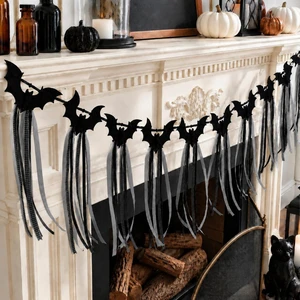 2 Pcs Halloween Bat Garland Black Flying Bat Bow Banner with Ribbon | Felt Gothic Black Bat Bow Garland with Ribbon Tassels, Hanging Halloween Decoration, for Fireplace Mantel Wall Home Decor 2 Pcs Halloween Bat Garland Black Flying Bat Bow Banner with Ribbon | Felt Gothic Black Bat Bow Garland with Ribbon Tassels, Hanging Halloween Decoration, for Fireplace Mantel Wall Home Decor