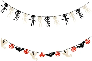 Halloween Felt Garland 18 Ft Skeleton Bat Pumpkin Ghost Banner 2 Pack | 2 assorted 9 ft felt banners with skeletons, bats, pumpkins and ghosts for Halloween parties, mantels, walls and doorways. Halloween Felt Garland 18 Ft Skeleton Bat Pumpkin Ghost Banner 2 Pack | 2 assorted 9 ft felt banners with skeletons, bats, pumpkins and ghosts for Halloween parties, mantels, walls and doorways.