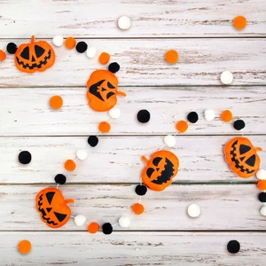 Halloween Pumpkin Face Felt Banner, Pre-Assembled | Colorful Pom Ball, Hanging Garland, 3D, for Fireplace Mantel Wall Home Party Decorations Halloween Pumpkin Face Felt Banner, Pre-Assembled | Colorful Pom Ball, Hanging Garland, 3D, for Fireplace Mantel Wall Home Party Decorations