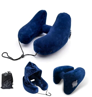 H-Shaped Travel Pillow with Snap-On Hood Ergonomic Neck Support with Plush Velvet Cover, Instant Inflation & Compact Bag for Airplane, Car, Office & Long Trips (Blue) H-Shaped Travel Pillow with Snap-On Hood Ergonomic Neck Support with Plush Velvet Cover, Instant Inflation & Compact Bag for Airplane, Car, Office & Long Trips (Blue)