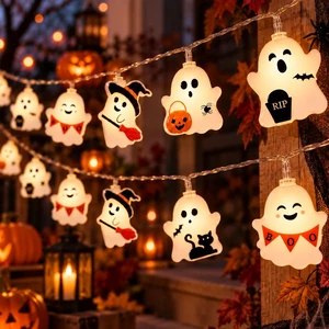 Halloween String Lights, 20FT 40LED Ghost String Lights, Battery Operated | Ghost String Lights with Pumpkin, Witch, Black Cat, RIP and Bat Details for Porch, Window and Halloween Party Decor Halloween String Lights, 20FT 40LED Ghost String Lights, Battery Operated | Ghost String Lights with Pumpkin, Witch, Black Cat, RIP and Bat Details for Porch, Window and Halloween Party Decor