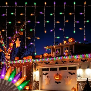9.35FT 100 Orange Purple Green Icicle Lights, Halloween Lights Brown Wire, Indoor/Outdoor Halloween Christmas Holiday Lights 9.35FT 100 Orange Purple Green Icicle Lights, Halloween Lights Brown Wire, Indoor/Outdoor Halloween Christmas Holiday Lights
