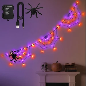 Halloween Decorations Spider Web Lights 6FT 60LED Battery Operated/USB Powered with Black Spider with Timer 8 Modes Indoor Outdoor for Halloween Decor, Orange&Purple Halloween Decorations Spider Web Lights 6FT 60LED Battery Operated/USB Powered with Black Spider with Timer 8 Modes Indoor Outdoor for Halloween Decor, Orange&Purple