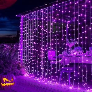 300 LED Christmas Curtain String Lights, Halloween Fairy Lights for Bedroom with 8 Lighting Modes, Waterproof Window Light Party Wedding Garden Wall Decor, Purple 300 LED Christmas Curtain String Lights, Halloween Fairy Lights for Bedroom with 8 Lighting Modes, Waterproof Window Light Party Wedding Garden Wall Decor, Purple