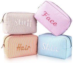 4 Pcs Large Seersucker Cosmetic Bag for Women Preppy Makeup Bag | Embroidered Letters Striped, Seersucker Toiletry Pouch for Cosmetics Brushes Skincare, Aesthetic Preppy Women Travel 4 Pcs Large Seersucker Cosmetic Bag for Women Preppy Makeup Bag | Embroidered Letters Striped, Seersucker Toiletry Pouch for Cosmetics Brushes Skincare, Aesthetic Preppy Women Travel