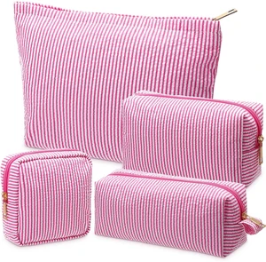 4 Pcs Seersucker Pouch Striped Makeup Bag Set, Pink | Large Cosmetic Bag for Women, Aesthetic Preppy Travel Toiletry Pouch Set, Waffle Bag Storage Organizer, Christmas Women Gifts 4 Pcs Seersucker Pouch Striped Makeup Bag Set, Pink | Large Cosmetic Bag for Women, Aesthetic Preppy Travel Toiletry Pouch Set, Waffle Bag Storage Organizer, Christmas Women Gifts