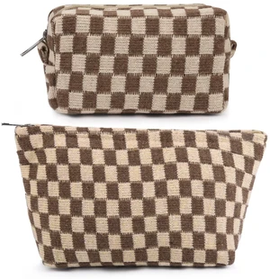 2 Pieces Makeup Bag Large Checkered Cosmetic Bag Capacity Canvas Mix Travel Toiletry Bag Organizer Cute Makeup Brushes Aesthetic Accessories Storage Bag for Women, Checkered Mix Brown 2 Pieces Makeup Bag Large Checkered Cosmetic Bag Capacity Canvas Mix Travel Toiletry Bag Organizer Cute Makeup Brushes Aesthetic Accessories Storage Bag for Women, Checkered Mix Brown