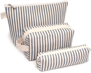 3 Pcs Canvas Makeup Bag Set, Travel Toiletry Bag, Blue Pinstripes | Makeup Pouch Set for Women in Three Sizes: Separate Cosmetics, Toiletries, Brushes and Pencils for Travel and Daily Use. 3 Pcs Canvas Makeup Bag Set, Travel Toiletry Bag, Blue Pinstripes | Makeup Pouch Set for Women in Three Sizes: Separate Cosmetics, Toiletries, Brushes and Pencils for Travel and Daily Use.
