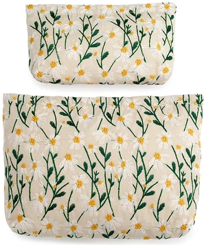 2Pcs Floral Embroidery Canvas Makeup Bags, Daisy White | 2Pcs Large & Small SetCanvas cosmetic pouches, fits inside purse, zipper closure for travel & daily storage 2Pcs Floral Embroidery Canvas Makeup Bags, Daisy White | 2Pcs Large & Small SetCanvas cosmetic pouches, fits inside purse, zipper closure for travel & daily storage