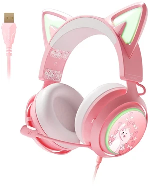 Pink Gaming Headset GS510, Wired, Over Ear, Cat Ear Design with RGB Lighting, 7.1 Surround Sound, Retractable Mic, Compatible with PC, PS4, PS5 Pink Gaming Headset GS510, Wired, Over Ear, Cat Ear Design with RGB Lighting, 7.1 Surround Sound, Retractable Mic, Compatible with PC, PS4, PS5