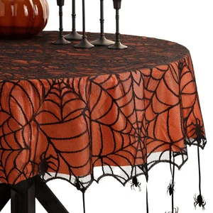 Crawling Halloween Spider Lace Lined Tablecloth, Black - 70" W x 70" L Round Crawling Halloween Spider Lace Lined Tablecloth, Black - 70" W x 70" L Round