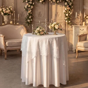 2 Pcs White Satin Round Tablecloth 108" with Lace Overlay | 60x60 Embroidered Topper, Layered for Wedding Reception, Cocktail Party, Bridal Shower, Satin Finish, Elegant Table Decor 2 Pcs White Satin Round Tablecloth 108" with Lace Overlay | 60x60 Embroidered Topper, Layered for Wedding Reception, Cocktail Party, Bridal Shower, Satin Finish, Elegant Table Decor