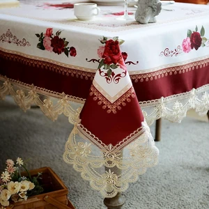 Lace Tablecloth Rectangular 60"x120" Burgundy Rose Table Cover | Farmhouse Embroidery Macrame Table Cloth Classic Oblong Floral Retro Country Decor for Home Holiday Dining Table 10-12 seats Lace Tablecloth Rectangular 60"x120" Burgundy Rose Table Cover | Farmhouse Embroidery Macrame Table Cloth Classic Oblong Floral Retro Country Decor for Home Holiday Dining Table 10-12 seats