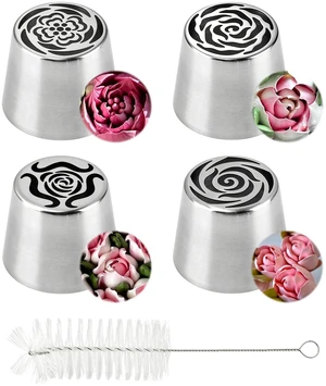 Large Flower Russian Piping Tips Set, Stainless Steel Rose Floral Pastry Nozzles for Buttercream Cupcakes Cookies Fondant, Include 4 Flower Frosting Nozzles Icing Tips and 1 Cleaning Brush Large Flower Russian Piping Tips Set, Stainless Steel Rose Floral Pastry Nozzles for Buttercream Cupcakes Cookies Fondant, Include 4 Flower Frosting Nozzles Icing Tips and 1 Cleaning Brush