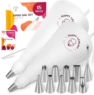 Cake Decorating Kit Reusable 16" & 14" Cotton Piping Bags with 10 Large Stainless Steel Icing Tips Durable, Food-Grade & Dishwasher Safe Cake Decorating Kit Reusable 16" & 14" Cotton Piping Bags with 10 Large Stainless Steel Icing Tips Durable, Food-Grade & Dishwasher Safe