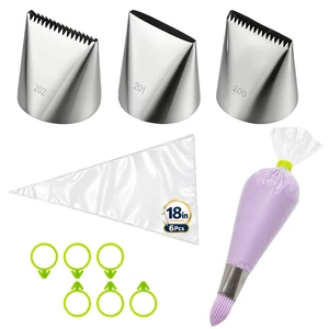 Extra Large Piping Tips Set with 18-Inch Bags for Cake Decorating | Extra large smooth and serrated tips for wide bands and cake textures; includes six thickened 18-inch piping bags Extra Large Piping Tips Set with 18-Inch Bags for Cake Decorating | Extra large smooth and serrated tips for wide bands and cake textures; includes six thickened 18-inch piping bags