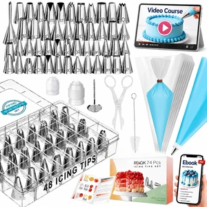 74PCs Icing Piping Bags and Tips Set, Cake Decorating Kit with 48-Numbered Piping Tips, 12inch Anti Burst Pastry Bags, Booklet, E-book & Complete Video Course for Cookie Cupcake Cake Decoration 74PCs Icing Piping Bags and Tips Set, Cake Decorating Kit with 48-Numbered Piping Tips, 12inch Anti Burst Pastry Bags, Booklet, E-book & Complete Video Course for Cookie Cupcake Cake Decoration