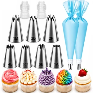 Large Piping Tips Set, 2D 2F 1M 4B 1A 6B 853 with Reusable Bag | 8 Large Cake Decorating Tips with Reusable Piping Bag and Coupler for Swirls, Flowers, Rosettes, Stars and Frosting Borders Large Piping Tips Set, 2D 2F 1M 4B 1A 6B 853 with Reusable Bag | 8 Large Cake Decorating Tips with Reusable Piping Bag and Coupler for Swirls, Flowers, Rosettes, Stars and Frosting Borders