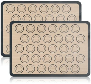 Macaron Silicone Baking Mats, 2 Pack Half Sheet Set, Gray/Beige | Two 16.54 x 11.62 in macaron silicone baking mats feature circles for evenly sized macarons; nonstick half sheet liners. Macaron Silicone Baking Mats, 2 Pack Half Sheet Set, Gray/Beige | Two 16.54 x 11.62 in macaron silicone baking mats feature circles for evenly sized macarons; nonstick half sheet liners.