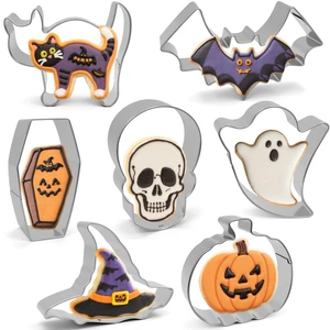 Halloween Cookie Cutters 3 Inch Set of 7 | Large Bat, Ghost, Pumpkin, Witch Hat, Cat, Skull, Coffin Shapes, Stainless Steel Metal Biscuit Mold for Halloween Baking Halloween Cookie Cutters 3 Inch Set of 7 | Large Bat, Ghost, Pumpkin, Witch Hat, Cat, Skull, Coffin Shapes, Stainless Steel Metal Biscuit Mold for Halloween Baking