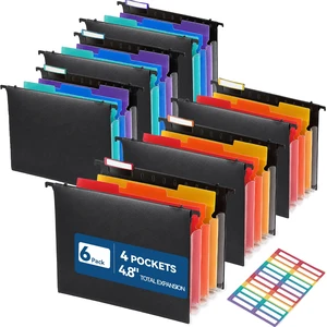Plastic Hanging File Folders, 4.8" Total Expansion, Letter, 6-Pack | 4 Accordion Pockets, Color-Coded Divider Tabs, Fits Most Letter-Size File Cabinets Plastic Hanging File Folders, 4.8" Total Expansion, Letter, 6-Pack | 4 Accordion Pockets, Color-Coded Divider Tabs, Fits Most Letter-Size File Cabinets