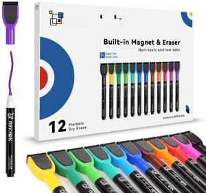 Magnetic Whiteboard Markers - 12 Count Colorful Fine Tip Dry Erase Markers with Eraser for Kids, Low Odor Thin Markers for Calendar Boards Magnetic Whiteboard Markers - 12 Count Colorful Fine Tip Dry Erase Markers with Eraser for Kids, Low Odor Thin Markers for Calendar Boards
