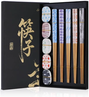 5 Pairs Reusable Bamboo Chopsticks and 5PCS Ceramic Rests Set, 8.8 Inch Classic Japanese Style Chopsticks with Holders for Sushi Ramen Asian Cuisine, Non-Slip, Black Elegant Gift Box 5 Pairs Reusable Bamboo Chopsticks and 5PCS Ceramic Rests Set, 8.8 Inch Classic Japanese Style Chopsticks with Holders for Sushi Ramen Asian Cuisine, Non-Slip, Black Elegant Gift Box
