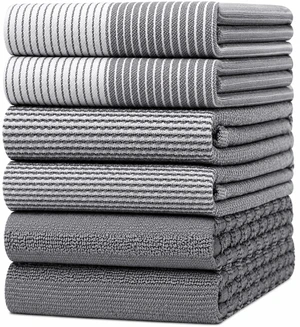Premium Kitchen 6 Pack 100% Cotton, 20"x28" Dish Towels - Grey | Large Flat & Terry Kitchen Linen Set with Hanging Loops, Highly Absorbent for Washing and Drying Dishes Premium Kitchen 6 Pack 100% Cotton, 20"x28" Dish Towels - Grey | Large Flat & Terry Kitchen Linen Set with Hanging Loops, Highly Absorbent for Washing and Drying Dishes