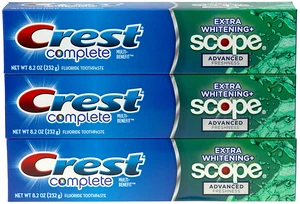 Complete Multi-Benefit Fluoride Toothpaste - Extra Whitening and Scope Advanced Freshness - 8.2 oz each, 3 count Complete Multi-Benefit Fluoride Toothpaste - Extra Whitening and Scope Advanced Freshness - 8.2 oz each, 3 count