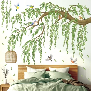 Large Green Leaf Willow Branch Wall Stickers Decals (SG4-2521) | Watercolor willow scene with songbirds and cascading leaves; peel and stick, removable nursery, bedroom and living room decor Large Green Leaf Willow Branch Wall Stickers Decals (SG4-2521) | Watercolor willow scene with songbirds and cascading leaves; peel and stick, removable nursery, bedroom and living room decor