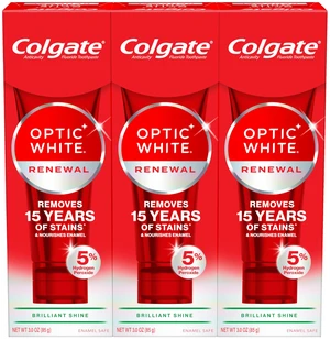 Optic White Renewal Teeth Whitening Toothpaste, Whitening Fluoride Toothpaste, Effectively Removes Tea, Coffee, and Wine Stains, Made with Hydrogen Peroxide, Brilliant Shine, 3 Pack, 3.0 oz Optic White Renewal Teeth Whitening Toothpaste, Whitening Fluoride Toothpaste, Effectively Removes Tea, Coffee, and Wine Stains, Made with Hydrogen Peroxide, Brilliant Shine, 3 Pack, 3.0 oz