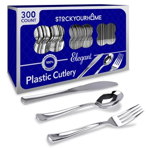 Silver Plastic Cutlery Set 300 Pack Disposable Silverware Heavy Duty Plastic 100 Forks, 100 Knives, 100 Spoons for Catering Events, Parties, Dinners, Weddings, Everyday Use, Silver Plastic Cutlery Set 300 Pack Disposable Silverware Heavy Duty Plastic 100 Forks, 100 Knives, 100 Spoons for Catering Events, Parties, Dinners, Weddings, Everyday Use,
