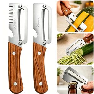 3-in-1 Vegetable Peeler with Bottle Opener, Wooden Handle | Stainless steel construction; designed for everyday peeling and food preparation with a simple all-metal structure 3-in-1 Vegetable Peeler with Bottle Opener, Wooden Handle | Stainless steel construction; designed for everyday peeling and food preparation with a simple all-metal structure