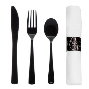 Pre-Rolled Disposable Heavy Duty Plastic Cutlery Kit w/ Black Fork/Knife/Spoon & White Napkin (Case of 100) Pre-Rolled Disposable Heavy Duty Plastic Cutlery Kit w/ Black Fork/Knife/Spoon & White Napkin (Case of 100)
