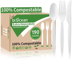 Extra Heavyduty Compostable Cutlery Set - 190 Count Large Disposable Utensils No Plastic Forks Spoons Knives Biodegradable Fork Eco Friendly Silverware for Party,BBQ,Daily Use,Events,Picnic Extra Heavyduty Compostable Cutlery Set - 190 Count Large Disposable Utensils No Plastic Forks Spoons Knives Biodegradable Fork Eco Friendly Silverware for Party,BBQ,Daily Use,Events,Picnic